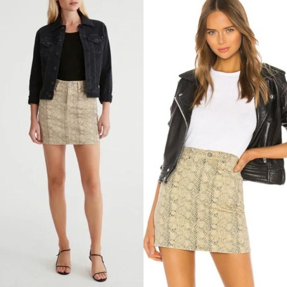 AG Adriano Goldschmied The Vera Snakeskin Denim Mini Skirt Size 25 Revolve Tan